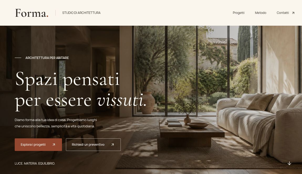 Forma website screenshot showing its navigation, architectural hero image and Italian headline