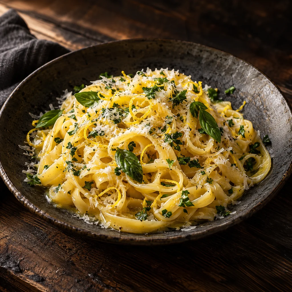 AI-generated sample food photograph of pasta on a rustic table